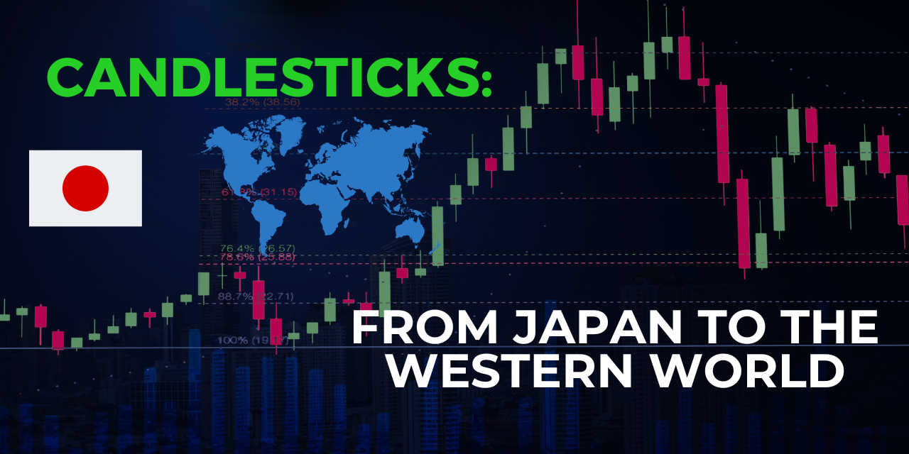 A visual representation of candlestick charts with a blend of traditional Japanese elements and modern Western financial symbols, highlighting the journey of candlestick trading techniques.