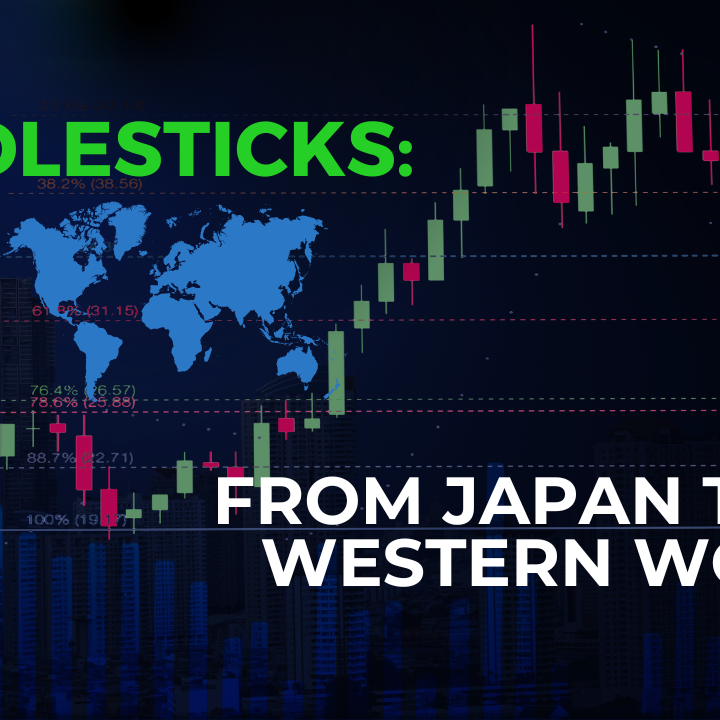 A visual representation of candlestick charts with a blend of traditional Japanese elements and modern Western financial symbols, highlighting the journey of candlestick trading techniques.