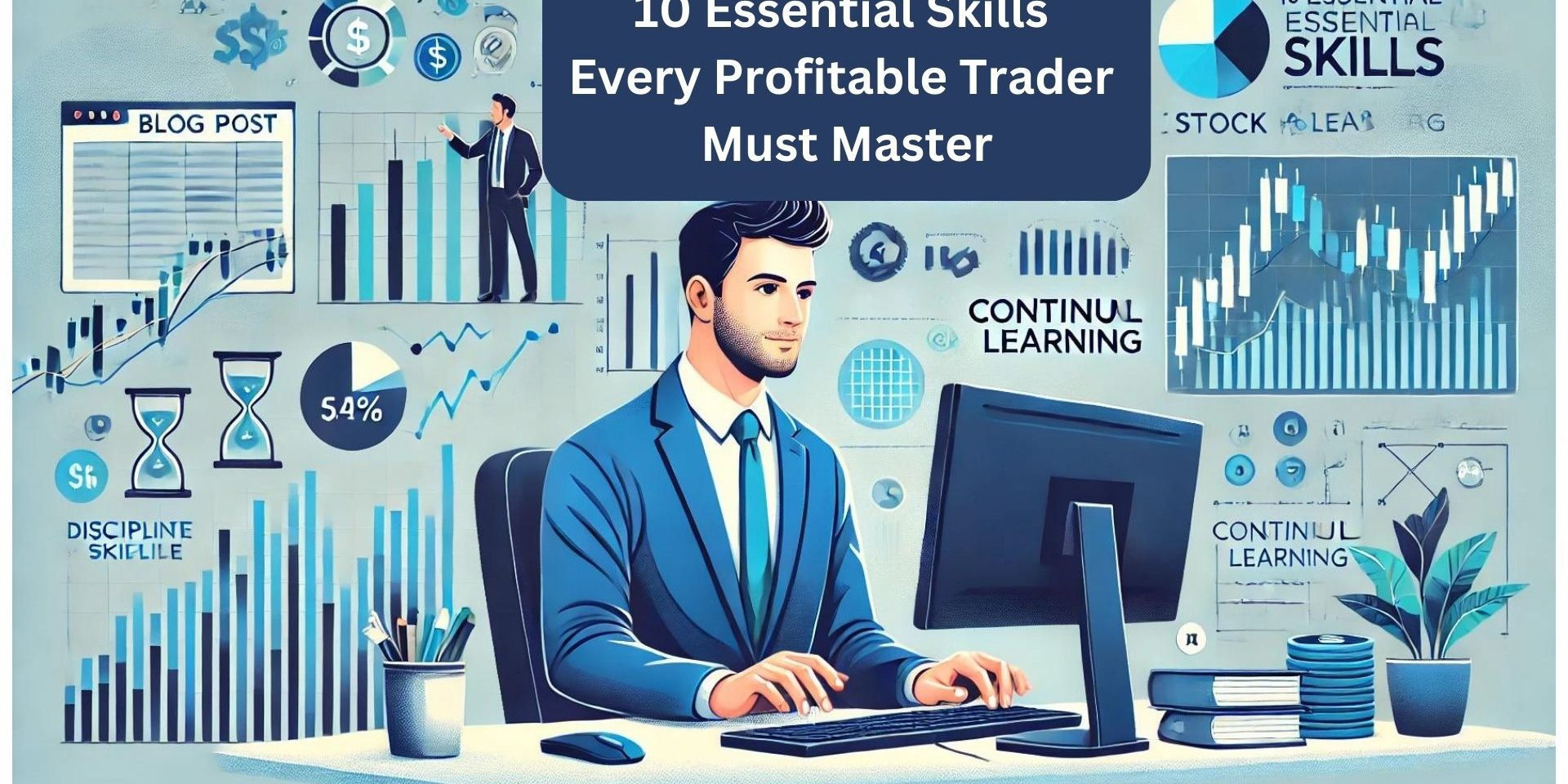 Trader analyzing market data on multiple screens, highlighting 10 essential skills for profitable trading success.