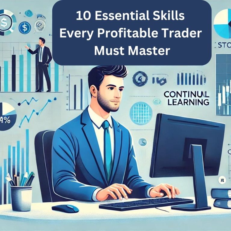 Trader analyzing market data on multiple screens, highlighting 10 essential skills for profitable trading success.