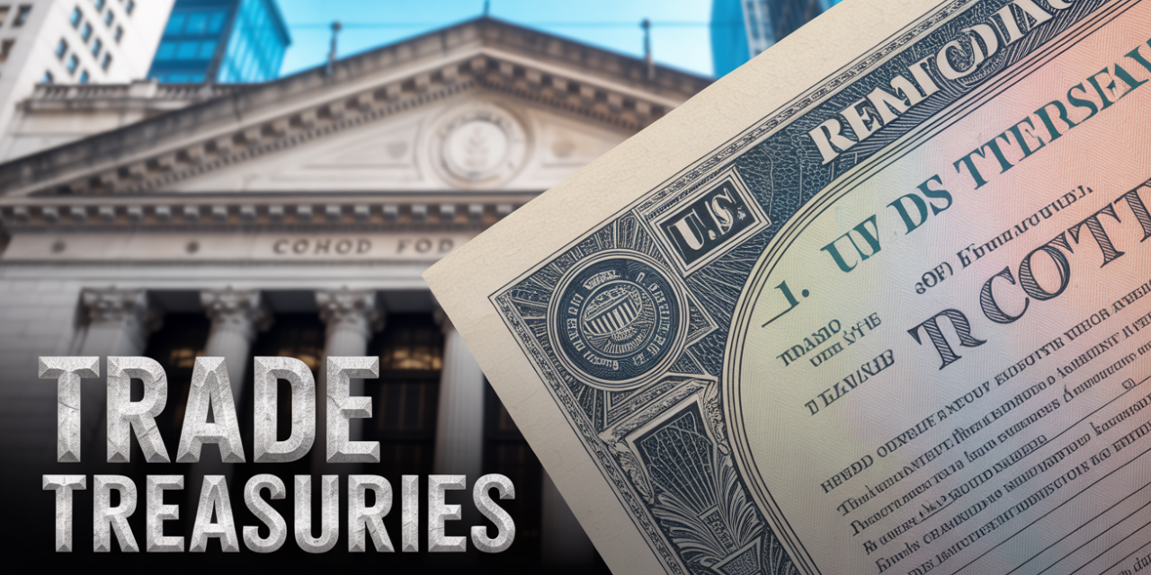 A close-up of a U.S. Treasury certificate overlaid on a background of a classical government-style building, with the words “Trade Treasuries” displayed in bold letters.