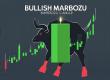 A large green bullish Marubozu candlestick is illustrated in front of a charging bull, symbolizing strong upward market momentum, with green candlesticks rising on a trading chart in the background.