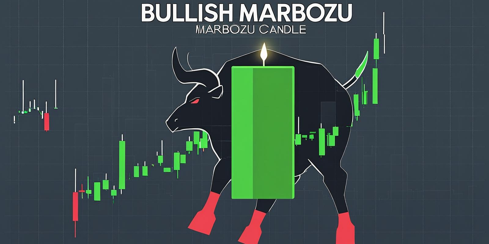 A large green bullish Marubozu candlestick is illustrated in front of a charging bull, symbolizing strong upward market momentum, with green candlesticks rising on a trading chart in the background.