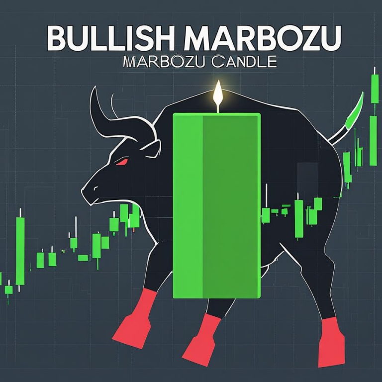 A large green bullish Marubozu candlestick is illustrated in front of a charging bull, symbolizing strong upward market momentum, with green candlesticks rising on a trading chart in the background.