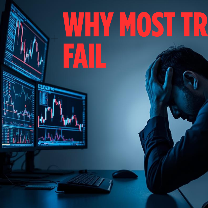 Stressed trader sitting at a desk with his head in his hands while multiple monitors display red and blue candlestick charts, with bold red text saying “Why Most Traders Fail” above him.