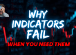 Trading thumbnail with a blurred red-and-blue candlestick chart background and large text reading “WHY INDICATORS FAIL WHEN YOU NEED THEM,” plus a small image of a stressed man holding his head in the top-left corner.
