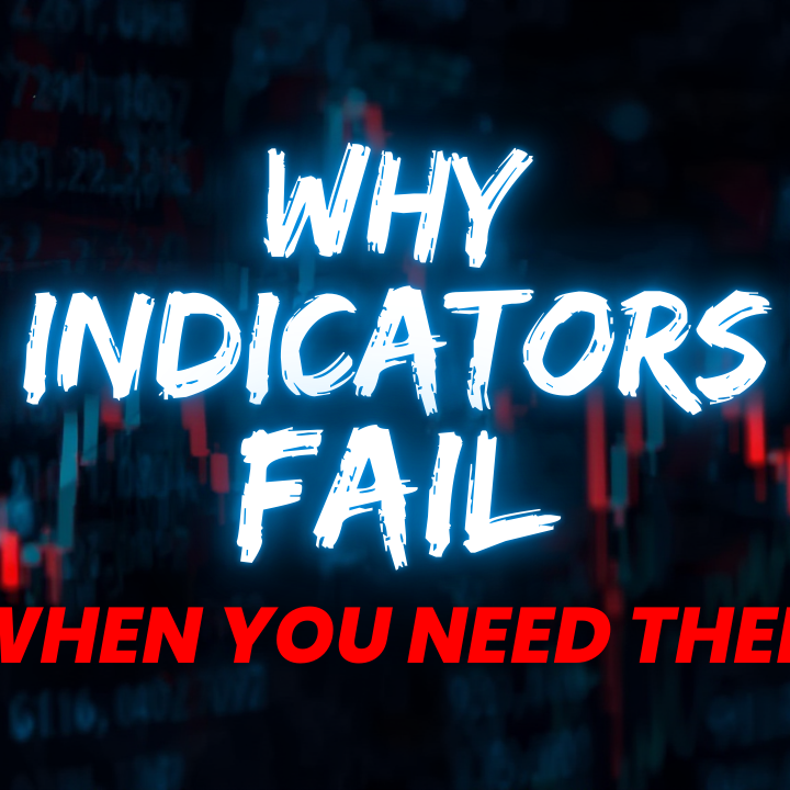 Trading thumbnail with a blurred red-and-blue candlestick chart background and large text reading “WHY INDICATORS FAIL WHEN YOU NEED THEM,” plus a small image of a stressed man holding his head in the top-left corner.