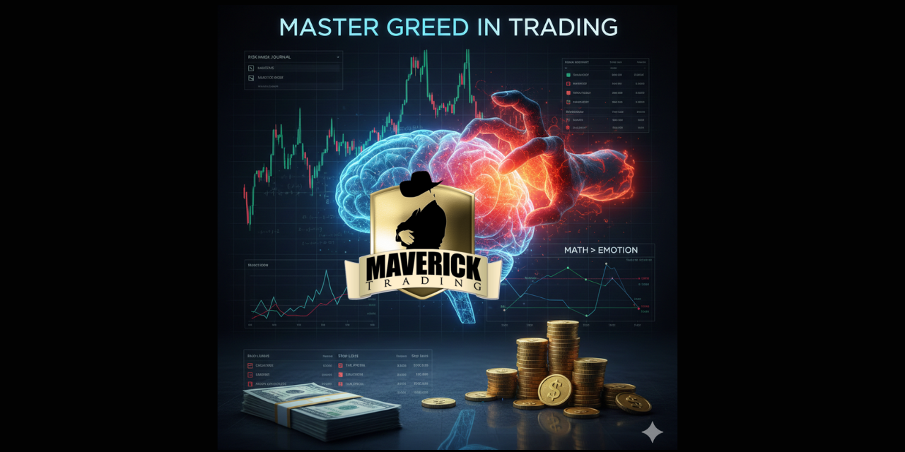 Illustration titled “Master Greed in Trading” featuring the Maverick Trading logo centered over a glowing human brain, with one side cool and analytical and the other fiery and emotional. Background shows stock charts, trading data, and the phrase “Math > Emotion,” with stacks of cash and gold coins in the foreground, symbolizing disciplined decision making over greed in professional proprietary trading.