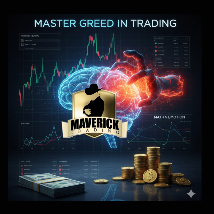 Illustration titled “Master Greed in Trading” featuring the Maverick Trading logo centered over a glowing human brain, with one side cool and analytical and the other fiery and emotional. Background shows stock charts, trading data, and the phrase “Math > Emotion,” with stacks of cash and gold coins in the foreground, symbolizing disciplined decision making over greed in professional proprietary trading.