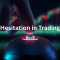 Close-up of a hand hovering over a computer mouse, finger poised above a glowing “BUY” button, with blurred candlestick charts in the background and the overlaid text “Hesitation in Trading”.