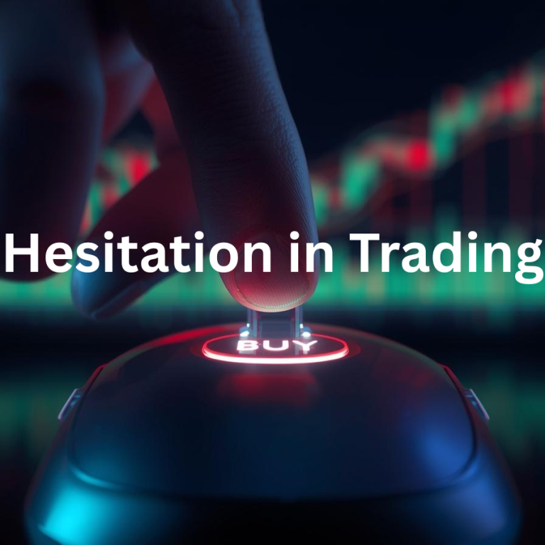 Close-up of a hand hovering over a computer mouse, finger poised above a glowing “BUY” button, with blurred candlestick charts in the background and the overlaid text “Hesitation in Trading”.