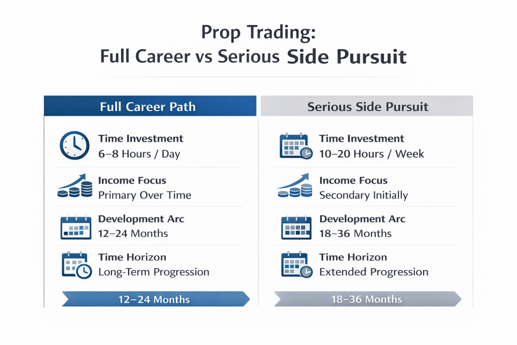 comparison of prop trading career vs serious side pursuit showing time investment and development timeline differences