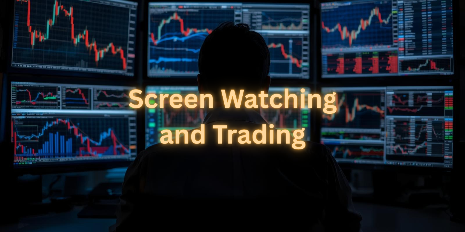 Trader silhouette seen from behind watching multiple monitors filled with stock charts and market data, with the overlaid text “Screen Watching and Trading”.