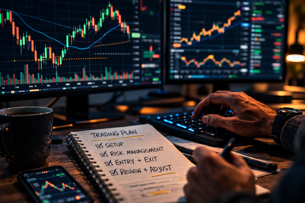 Close-up of trading charts representing discipline and decision-making in a prop trading career