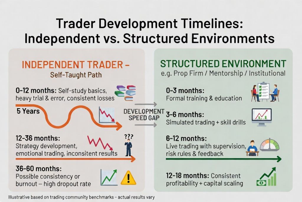 Chart comparing trader development timelines between independent and structured trading environments