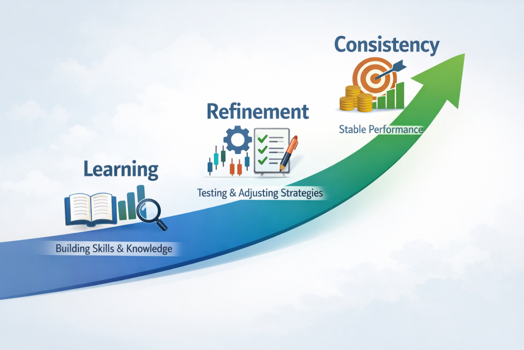Diagram showing the three phases of trader development from foundation to consistency